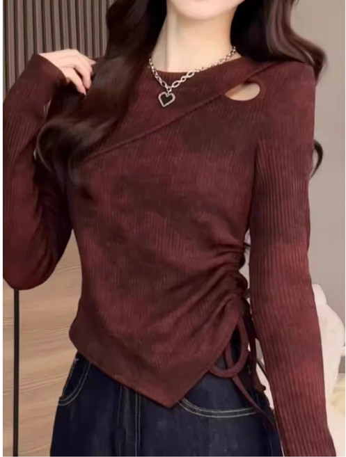여성 개성있는 스타일 긴팔 다이 티셔츠 속이 비치는 베이스 셔츠 탑 허리 조절 스파이시 걸 출퇴근룩