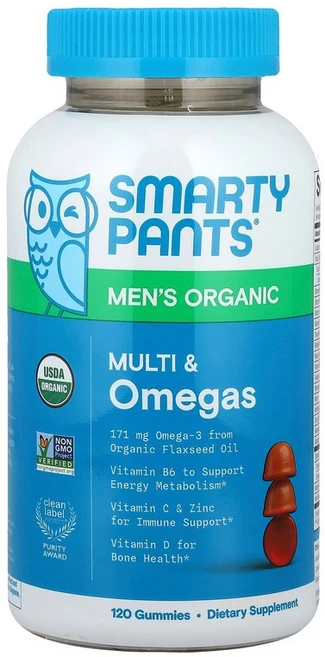 SmartyPants 남성용 유기농 멀티 & 오메가 구미젤리 라즈베리 레몬 라임 포도 구미젤리 120개 SmartyPants (스마티팬츠), 1개, 120정 - 쿠팡