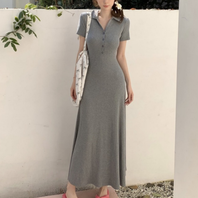 유니크코코 카라 슬림 롱 원피스 a라인 반팔 맥시 5660