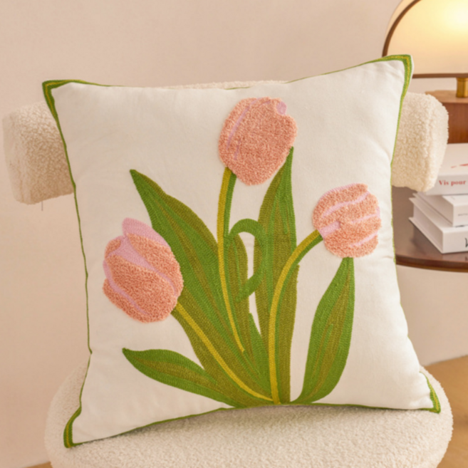 서플라이랩 핸드메이드 꽃자수 쇼파쿠션 국산솜 포함, 옵션16. 핑크튤립