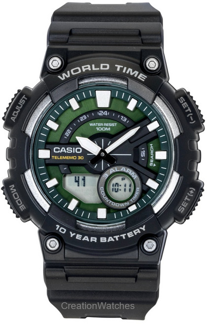 Casio Analog Digital Resin Strap Green Dial Quartz AEQ-110W-3A2V 100M Men's Watch