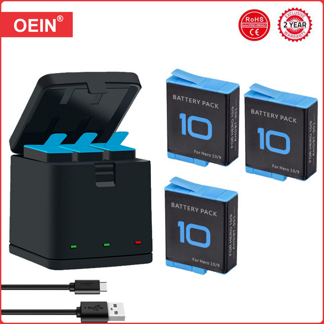 고프로 히어로 10 + LED 3 슬롯 충전기 9 11 스포츠 카메라용 C타입 포트 포함 1800mAh 배터리, 3 Battery 1 Charger, 1개