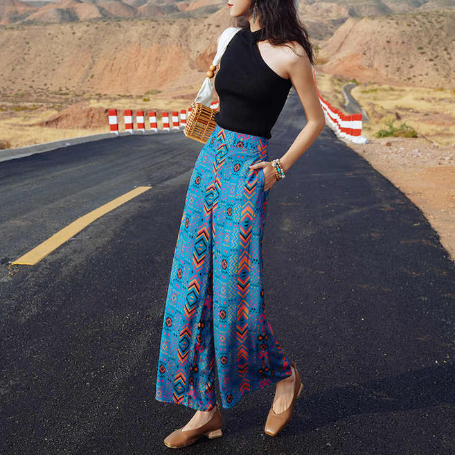 여름 여성 팬츠 하이웨스트 쉬폰 와이드 코끼리 태국 에스닉 바지 알라딘 바캉스