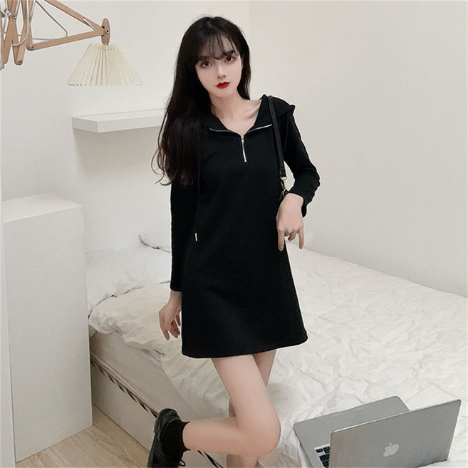 besteffie 여성원피스 봄 가을 후드원피스 반집업 베이직 심플원피스 간절기룩 편한 빅사이즈 미니원피스 C58