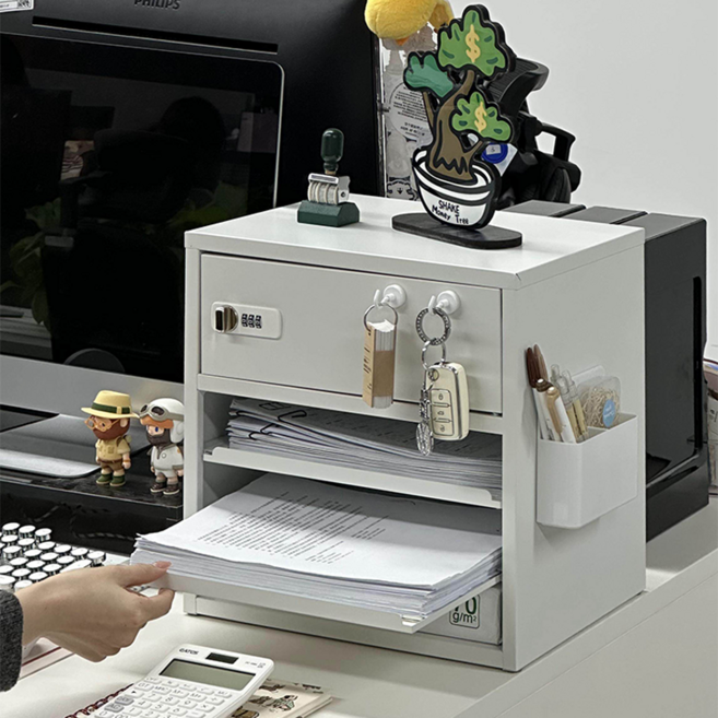 SeekFun 철제 잠금 서류 정리함 사무실 A4 문서 정리 캐비닛 미니 금고 개인 수납장 분류 수납함 350mm, 3단, 화이트
