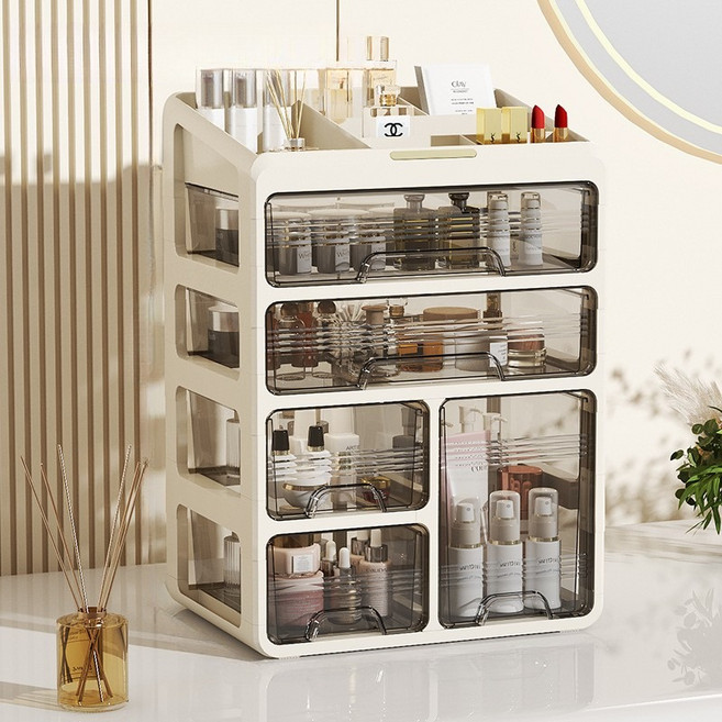 서랍형 화장품 정리함 침실 화장대용 대용량 다층 방진 방습 화이트, 1세트, 크림 화이트 4단 + 상단 분리 칸