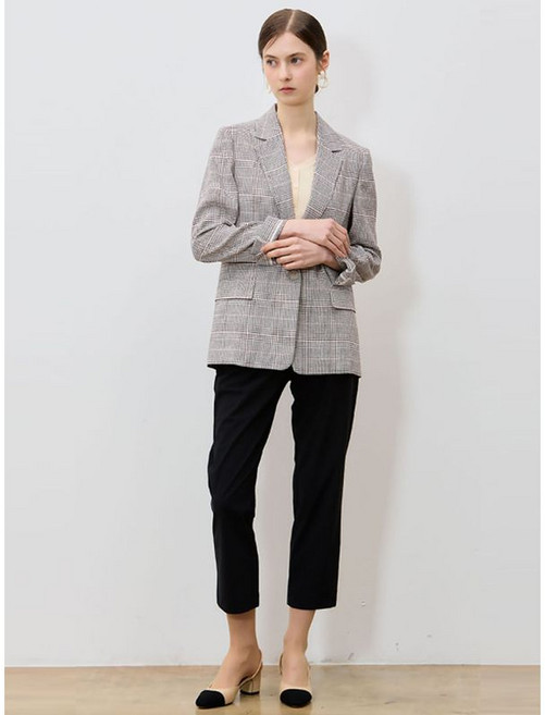 쉬즈미스 고품격 클래식 린넨 원버튼 체크 자켓 택가격 398000원