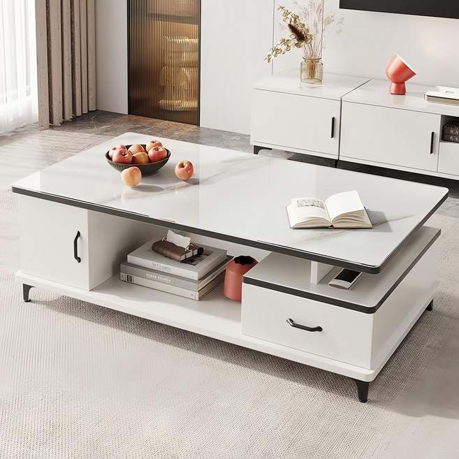 YAPOGI 심플 모던 수납 가능 가정용 대리석 무늬 우드 모조 세라믹 거실 테이블 수동 설치, 화이트 A 100cm