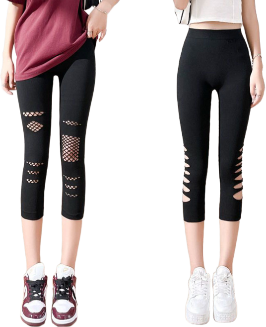 여성용 모달 스판 팬츠 여름 하이웨스트 펀칭 7부 레깅스 팬츠 2종 세트