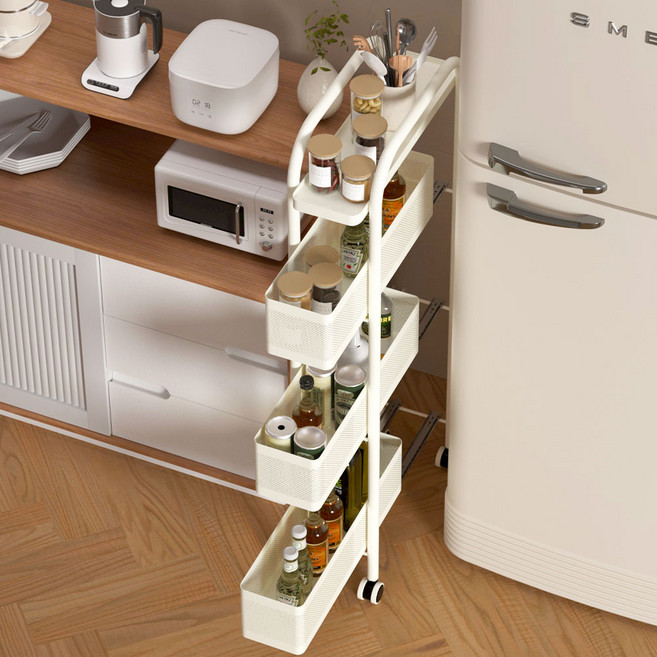 Fahomiss 탄소강 틈새 선반 이동식 트롤리 슬라이딩 수납장 다용도 수납함 3단 4단 5단, 화이트