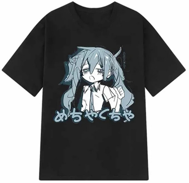 남녀공용 애니메이션 프린트 반팔티 오버핏 일본 캐릭터 라운드넥 스트리트 Y2K 스타일 하라주쿠 감성 블랙 색상 M부터 3XL 빅사이즈
