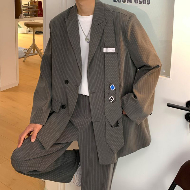 캐주얼 남자 정장 세트 빈티지 블레이저 루즈핏 남성 투피스 세트 남성용 정장 셋업 YSQ