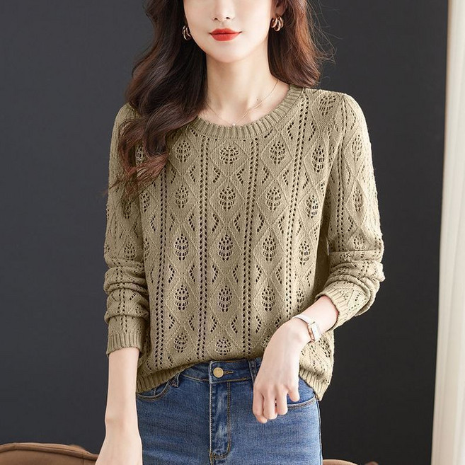 Makone 여성 니트 티셔츠 라운드넥 긴소매 루즈핏 펀칭 심플 오피스 스트라이프