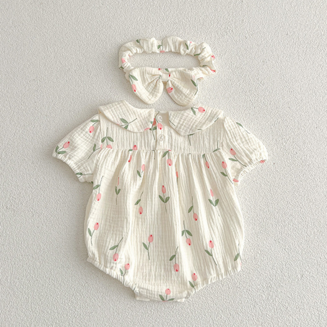 스타도어 유아용 통기성 튤립패턴 반팔 바디수트 + 헤어밴드 세트