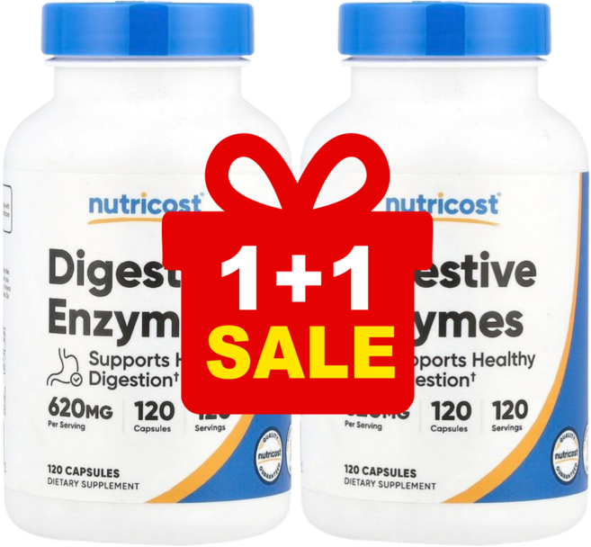 [1+1] 뉴트리코스트 다이제스티브 엔자임 Digestive Enzymes 620mg 캡슐 120정 / 해외직구 미국정품, 2개