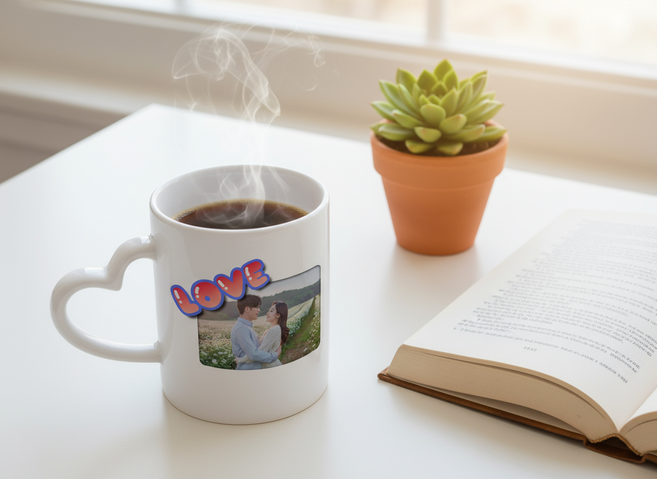 포토머그컵 하트손잡이 머그컵제작 돌답례품 단체주문 가족 커플 사진인쇄, 1개, 양면인쇄