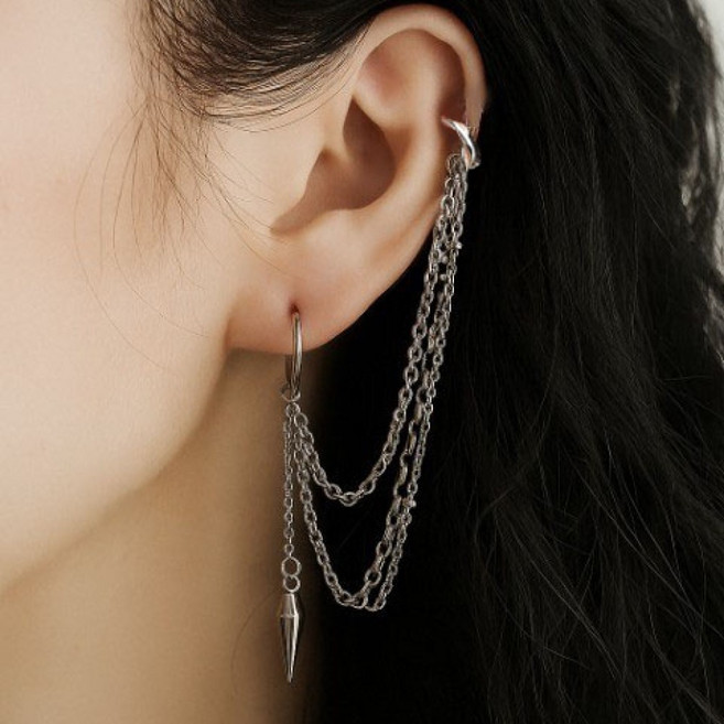 써지컬스틸 콘 뿔 트리플 체인 레이어드 드롭 원터치 링 투핀 투웨이 귀걸이 귀찌 피어싱 이어커프 남자 여자 학생 한짝 낱개 힙합 이어링