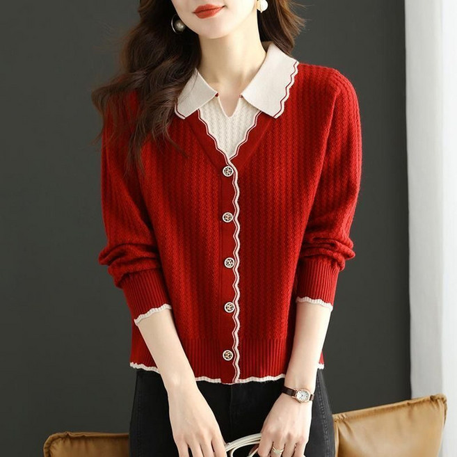 TKX 여성 니트 가을 겨울 니트 긴팔 카라넥 레트로 스타일 버튼 장식 예쁜니트티 K87