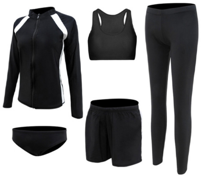 GSTUFF 여성 긴팔 래쉬가드 수영복 5종세트, 블랙