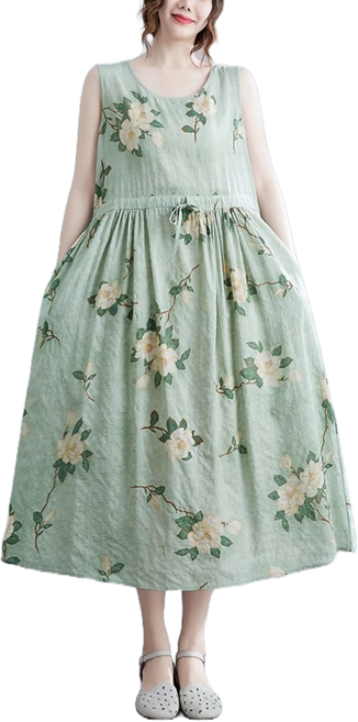 루즈핏 여름 라운드 면 린넨 허리 스트링 빅플라워 민소매 나시 롱 원피스