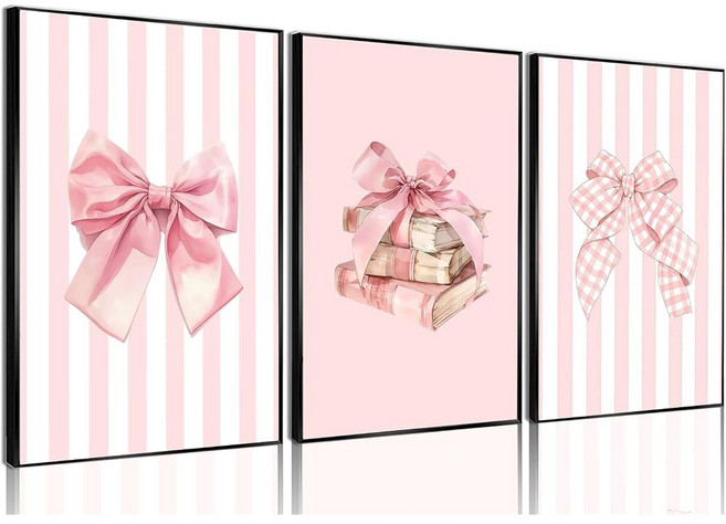 아트 대학 침실 16 24인치 미적 보우 핑크 기숙사 그림 액자 코켓 3PCS 프레피 데코릭 프린트 없는 여자 캔버스 거실 도서관 스트라이프 포스터, Pink Bow poster, Poster NO Framed, 18L" x 12W"