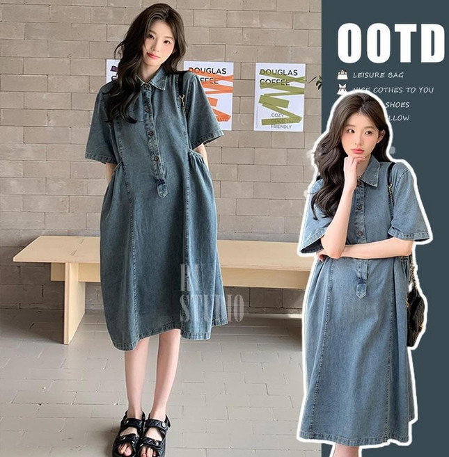 復古休閒牛仔 寬鬆顯瘦通勤孕婦連衣裙, 藍色