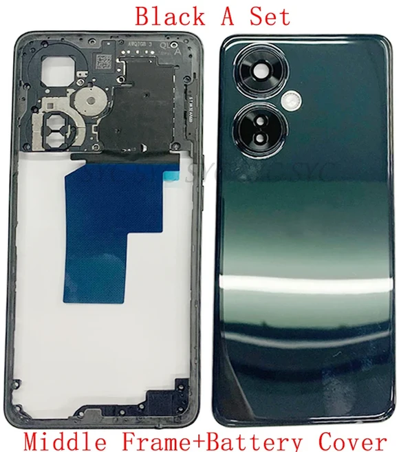 OnePlus Nord CE 3 Lite 후면 도어 배터리 커버 하우징 케이스 (중간 프레임 카메라 렌즈 수리 부품 포함), 01 Black A Set