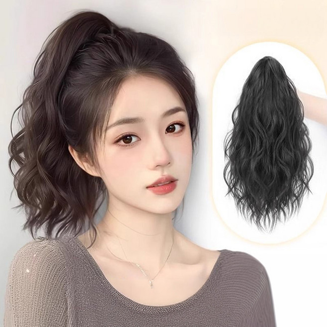 포니테일 집게 가발 물결펌 여성 부분가발 자연스러운, 1개, 흑색