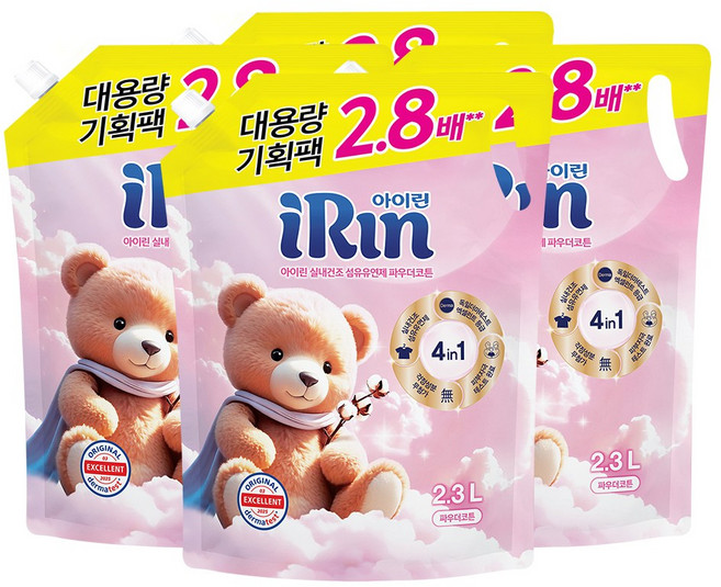 아이린 실내건조 섬유유연제 파우더코튼 리필, 4개, 2.3L