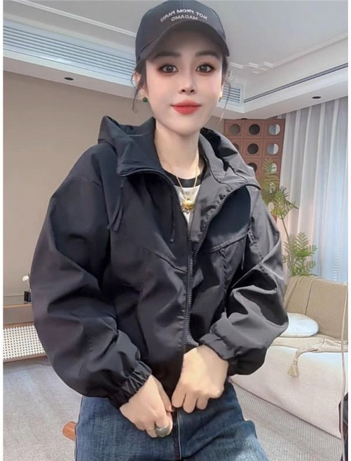 短款連帽設計感衝鋒衣外套, 黑色,L