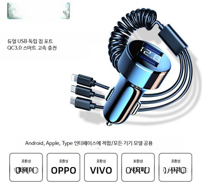 차량용 초고속 USB 시거잭 충전기 1대3 어댑터 호환 고속 충전기 차량거치대 호환 스마트폰용 듀얼 포트, 일반 QC3.0 고속충전+삼합일 케이블, 단일 모델