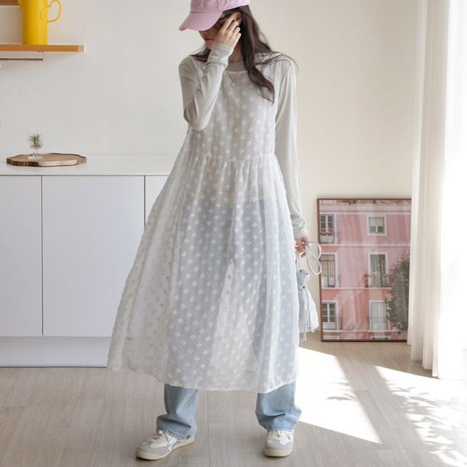 데일리앤 로에르 민소매 여름 롱 뷔스티에 꽃무늬 시스루 쉬폰 레이어드 원피스