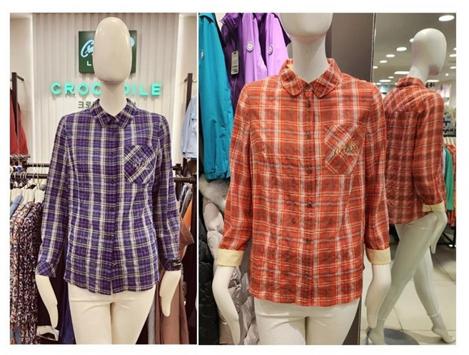 크로커다일레이디 산뜻하고 모던한 느낌의 체크무늬 코튼(면99%) 풀오픈 셔츠형 긴소매 블라우스