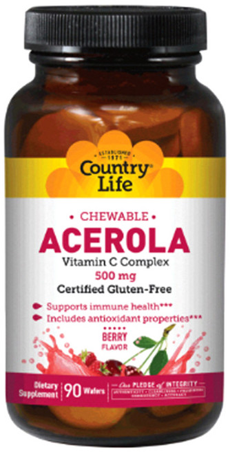 Country Life 西印度櫻桃維他命C咀嚼錠 500mg 無麩質, 90顆, 1罐