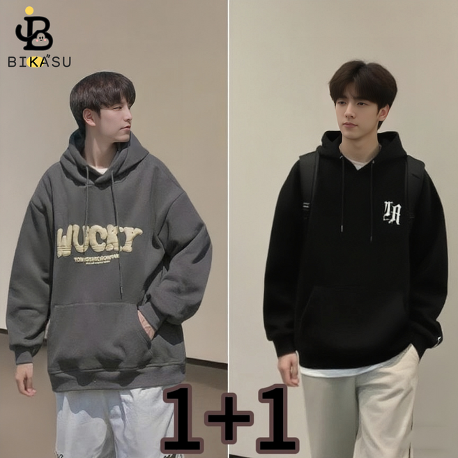 BIKASU 1+1 남성 스쿨 오버핏 긴팔 후드티 베이직 맨투맨 레터링 티셔츠