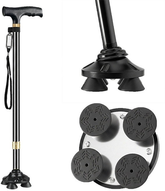 해비토리 초경량 네발 지팡이 길이조절, 블랙, 1개