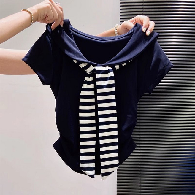 COSYEVNO 여성 여름 반팔 스트라이프 리본 티셔츠 LFHtx-4