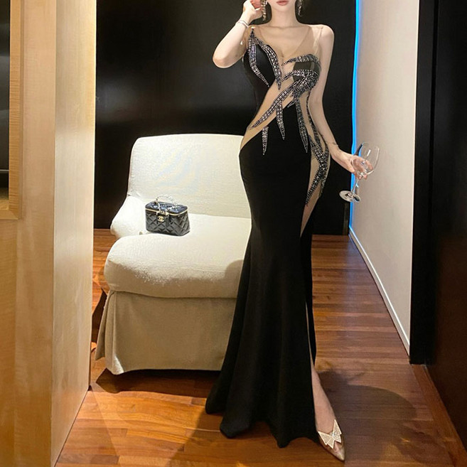 히또리 X5179 시상식 펄 큐빅 착시 누디 롱 드레스