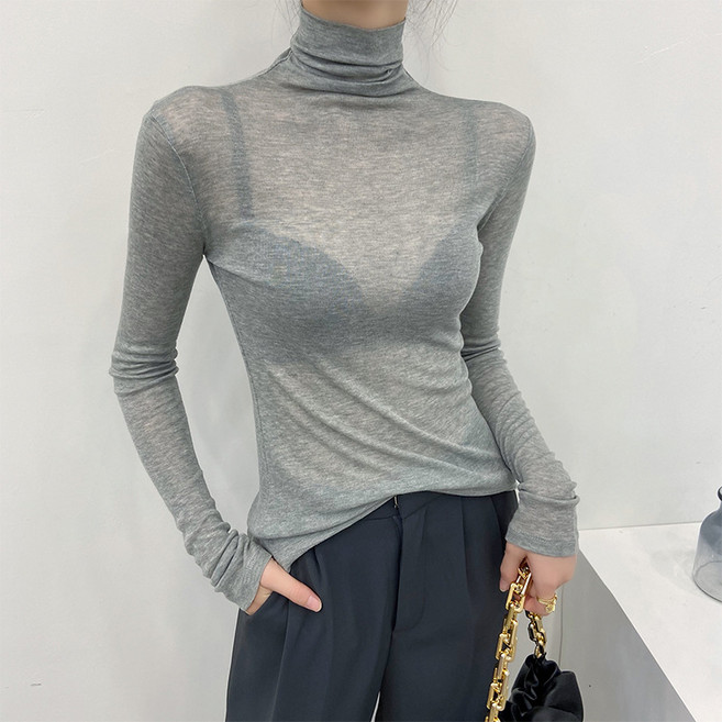 하이넥 미세 투명 울 스웨터 이너 레이어드 셔츠 여성 가을 겨울 얇은 고급스러운 시스루 상의 파일 칼라 레이어드 셔츠