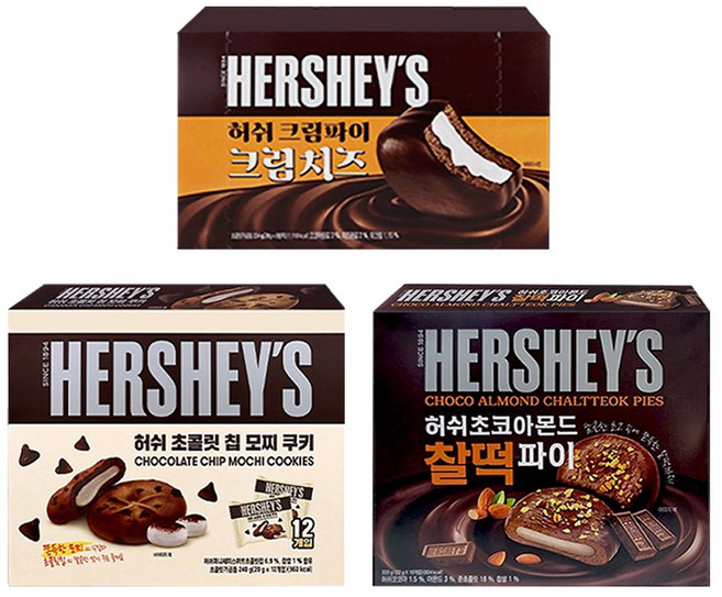 허쉬 3종 (크림파이크림치즈224g+초코아몬드찰떡파이220g+초콜릿칩모찌쿠키240g) 총30개입, 1세트, 684g