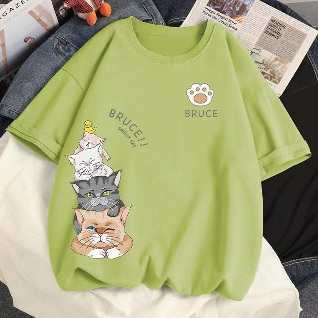 100%純棉 大碼寬鬆短袖T恤女 夏季新款學生顯瘦可愛貓咪印花上衣