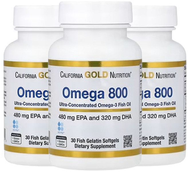 캘리포니아골드뉴트리션 Omega 800 제약 등급 피쉬 오일 80% EPA/DHA 트리글리세리드 형태 1 000mg 피쉬 젤라틴 소프트젤 30정, 3개
