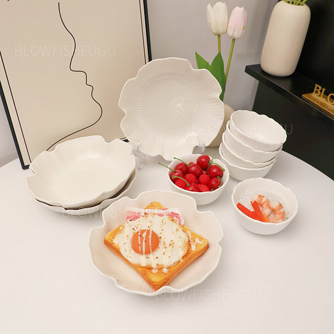 BLOWFISHFUGU 심플 식기 세트 화이트 식기세트 밥그릇 파스타접시 샐러드 접시 꽃잎 접시 6인그릇세트, 1세트, 밥그릇6p+접시4p