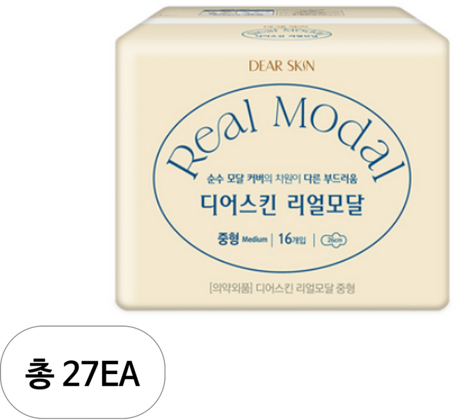 디어스킨 리얼모달 생리대 날개형, 중형, 16개입, 27개