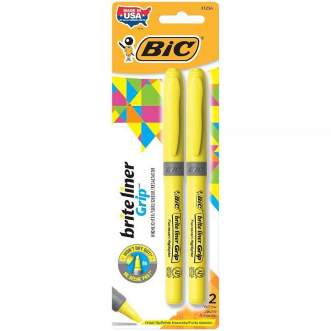 134078 BIC Brite 라이너 하이라이터 끌 팁 오렌지 형광펜 12개 팩 정리 및 색칠에 이상적인 세트, 1 Count (Pack of 2), Yellow with Grip