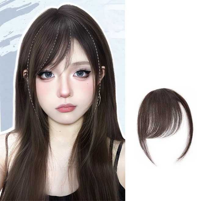미즈코스 C컬 가르마 앞머리 가발 옆머리 시스루 사이드 뱅, 다크브라운-왼쪽, 1개