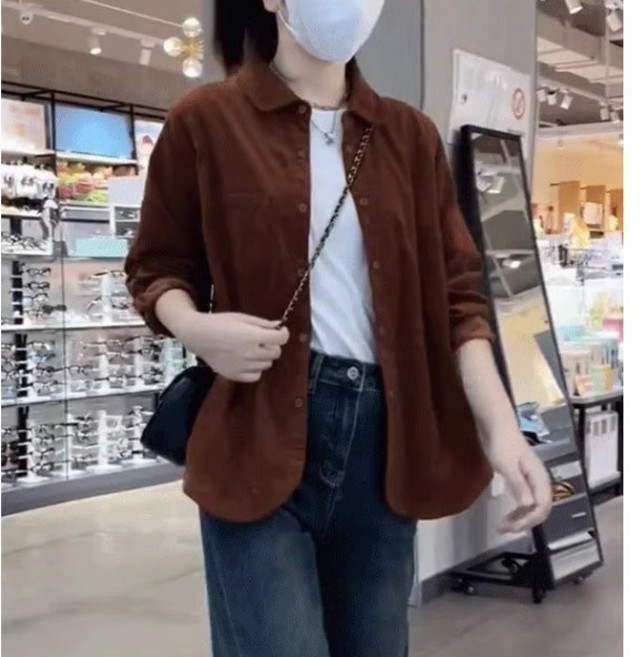 넬로넬리 프렌치 솔리드 싱글 코듀로이 캐주얼 루즈핏 아우터셔츠