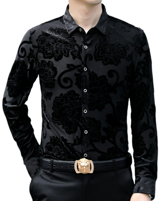 남자 댄스복 벨벳 긴팔 셔츠 용무늬 자카르 캐주얼 셔츠
