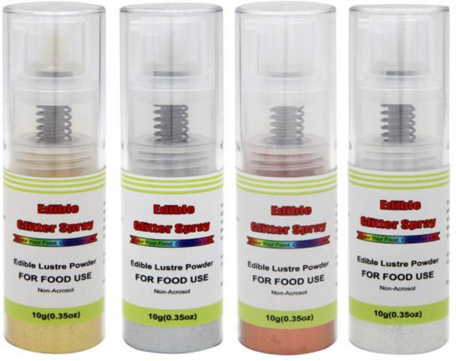ATOC 식용색소 식용 반짝이 스프레이 세트 (금색 은색 로즈 골드 흰색) 비 에어로졸 식품 색소 루스터 파우더 등급 반짝이는 먼지 푸시 펌프 컵케이크 롤링페이스트, ATOC 식용색소 식용 반짝이 스프레이 세트 (금색,, 10g, 1개