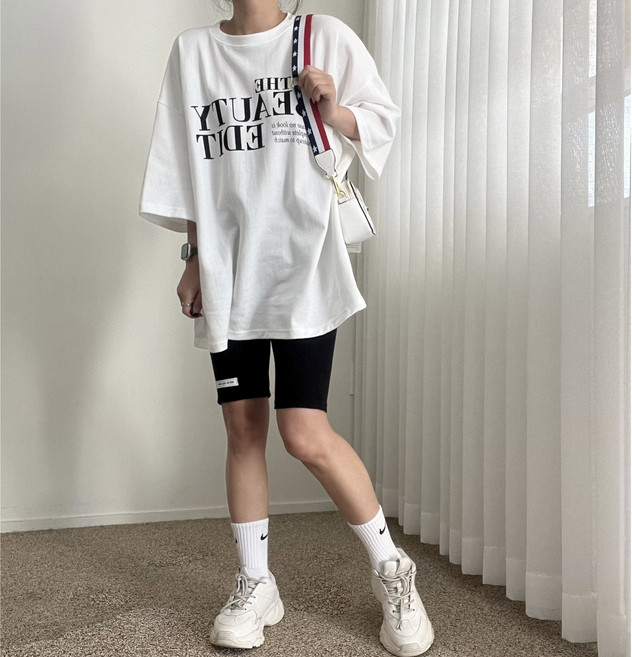 에이치스 기본템 깔끔한 볼드레터링 박시핏 반팔 롱티셔츠